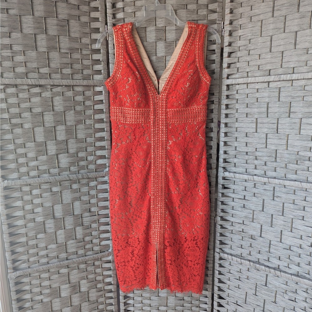 Bardot Lace Sheath Dress Bright Red Coral Crochet Trim V-Neck Sz 6/S Coquette